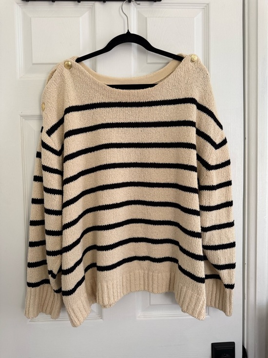 J. Crew Sweaters - J. Crew Cream and Black Striped Boatneck Sweater with Gold Shoulder Buttons - 3X